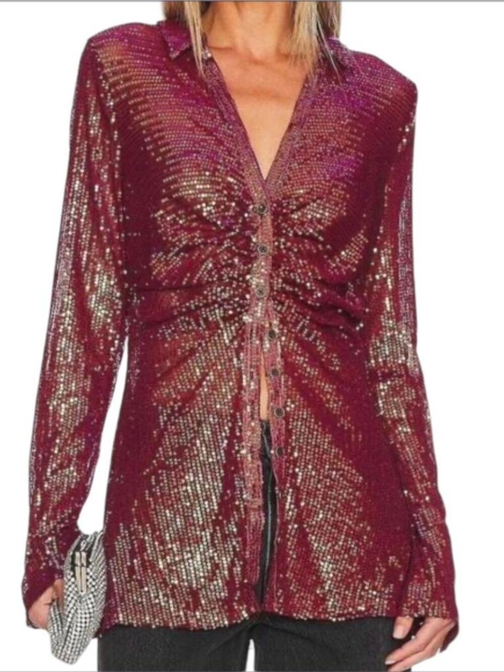 Free People Sequin Shirtee Top In Dark Rhubarb Size Large